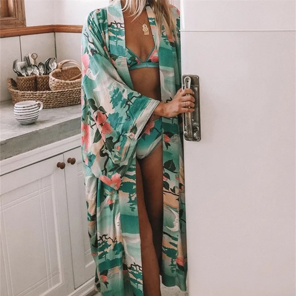 Bohemian Gypsy Floral Bird Pattern Oversized Resort Beach Maxi Long Kimono - Picture 2 of 6